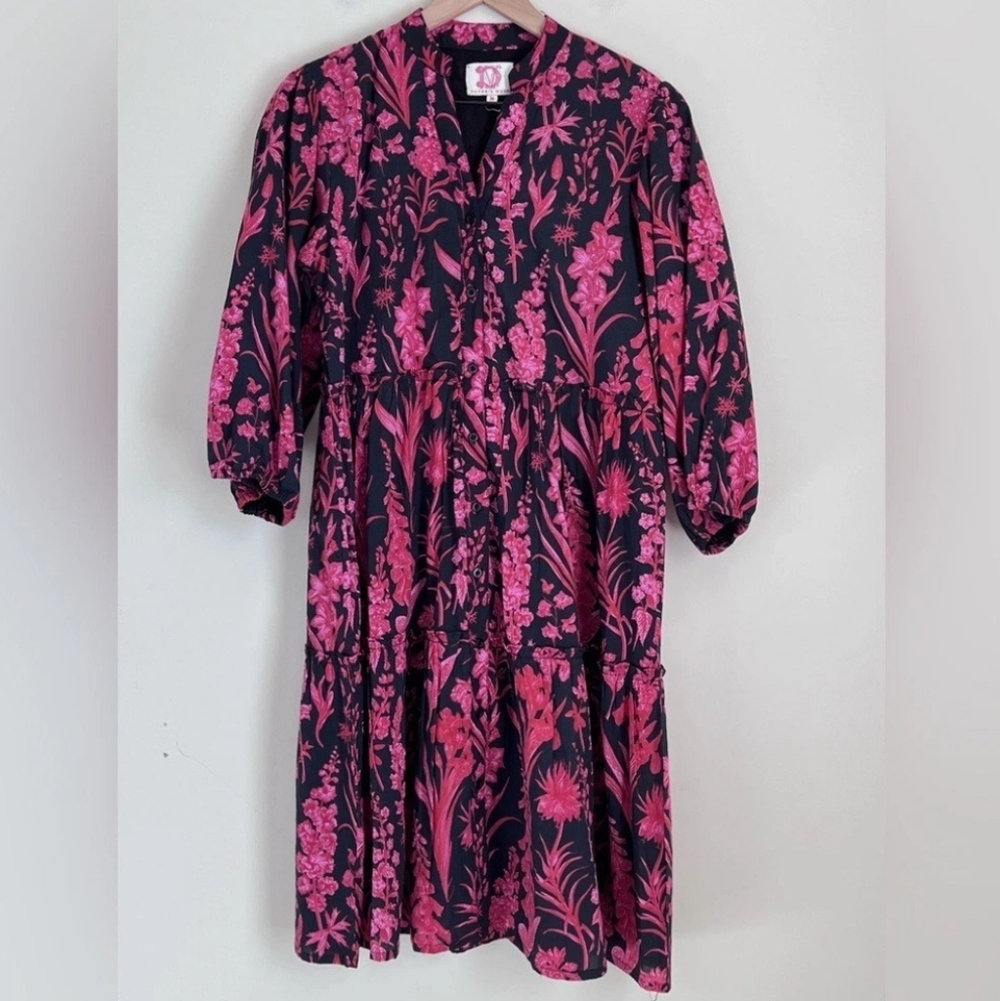 Victoria Dunn Red Pink Black Midi Dress Cotton Ruffle M 🩷